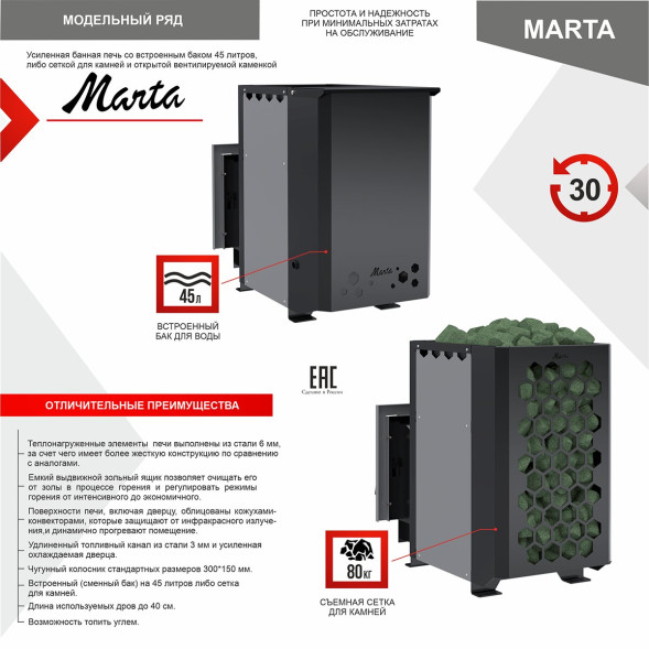 Печь-каменка (сетка) MARTA 20IS (Марта) со стеклом